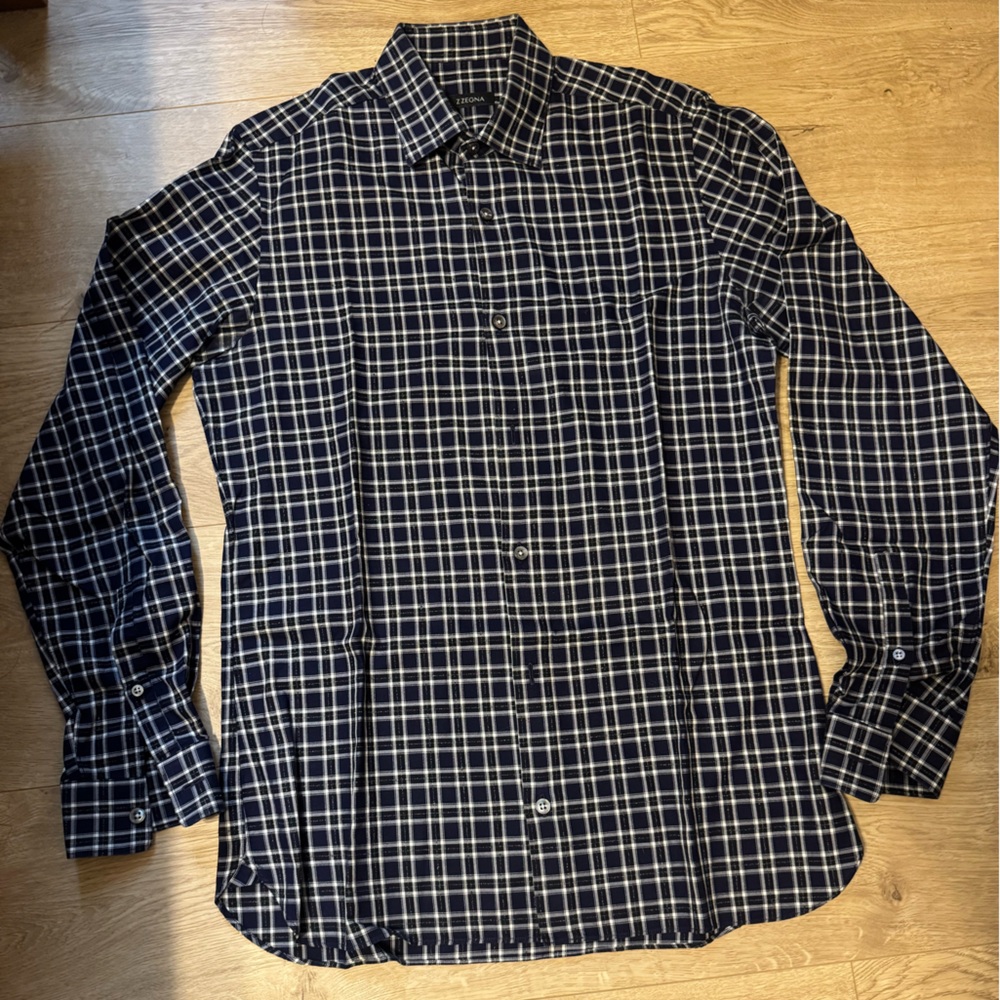 Z Zegna Men's Navy Plaid Shirt